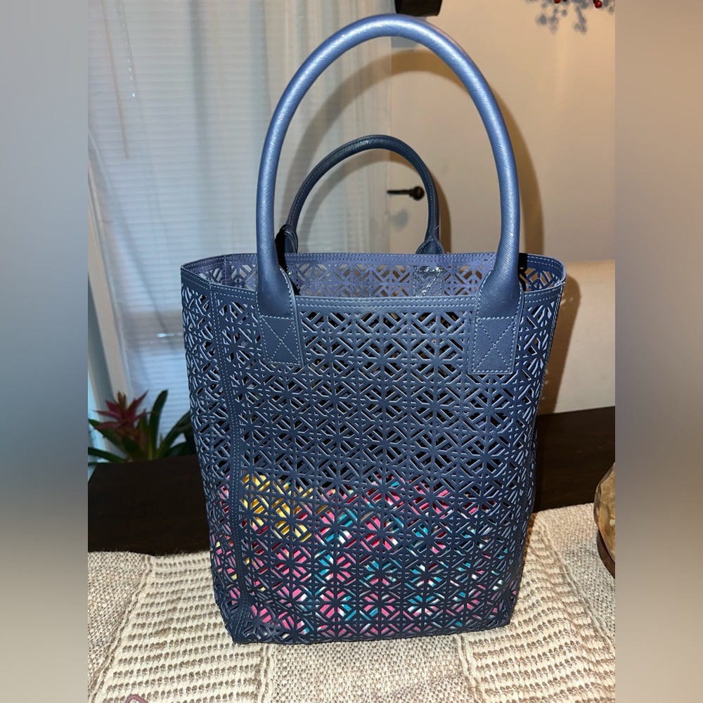 Tory Burch Navy Laser-Cut Tote - Picture 8 of 13